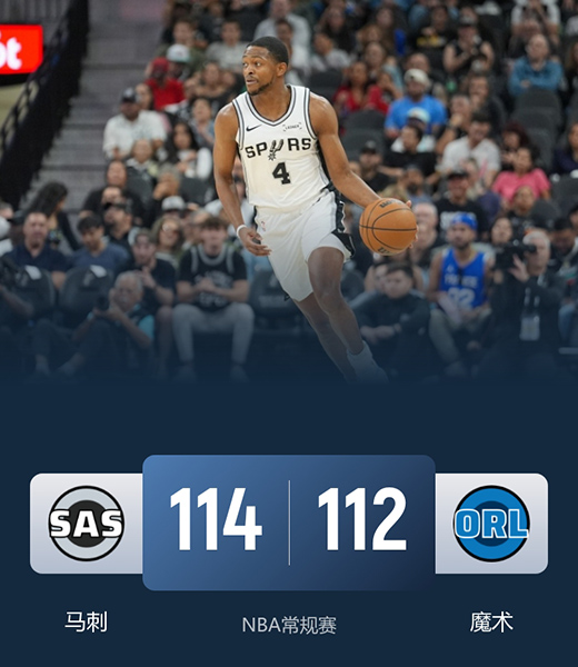 马刺114-112险胜魔术，福克斯31+5+5，小瓦25+6扳平球被帽